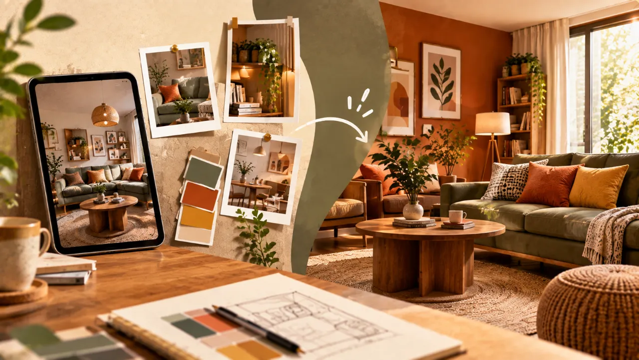A warm, earthy living room blends inspiration photos, colour swatches, and design sketches. Natural wood, olive green, terracotta, plants, and textured furnishings create a stylish, inviting space. The composition captures the journey from inspiration to a personalised finished room.