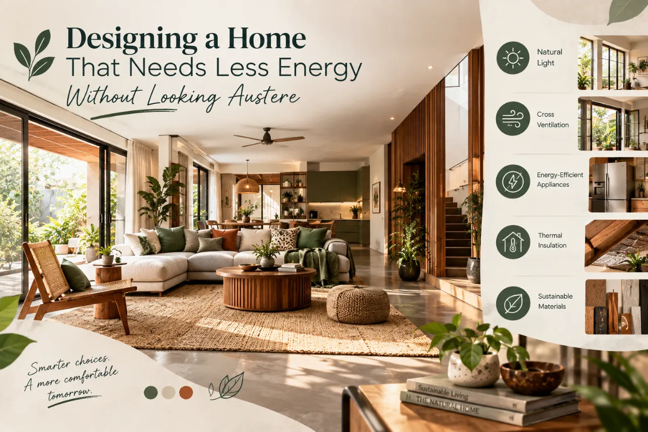 The banner showcases a bright, modern home with large windows, natural light, indoor greenery, and warm wooden accents. Energy-efficient features such as cross-ventilation, thermal insulation, and sustainable materials highlight practical design choices. A balanced palette of sage green, beige, terracotta, and natural wood creates a sophisticated, inviting aesthetic. The design illustrates how a home can be energy-efficient, comfortable, and stylish without looking austere