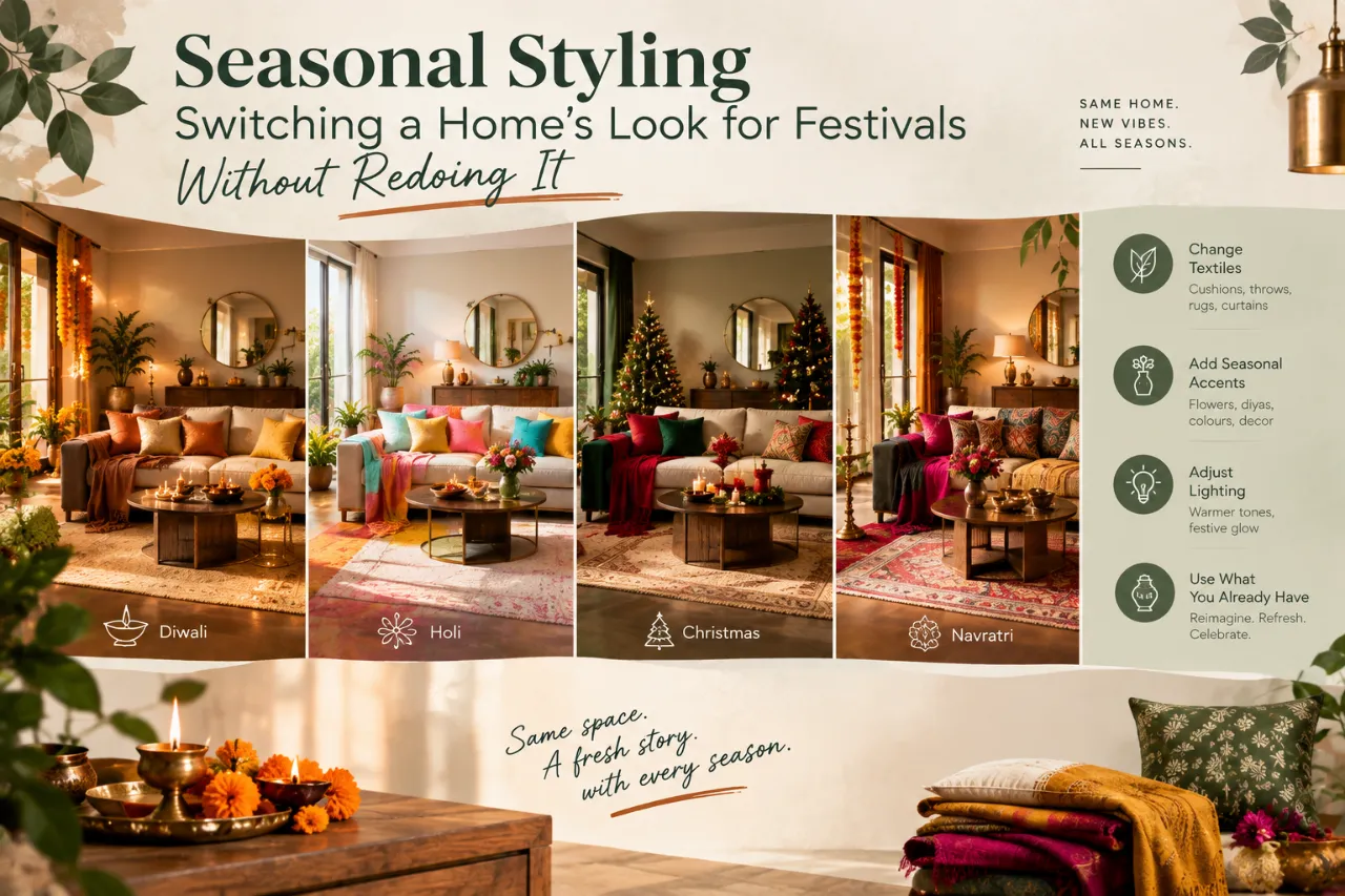 The banner shows one living room styled for different festivals—Diwali, Holi, Christmas, and Navratri—without changing the core space. Colourful cushions, throws, flowers, diyas, festive décor, and lighting demonstrate simple seasonal transformations. Warm neutrals, earthy greens, orange, pink, red, and gold create a vibrant yet sophisticated look. The design captures the idea of refreshing a home for every celebration without redoing the entire interior.