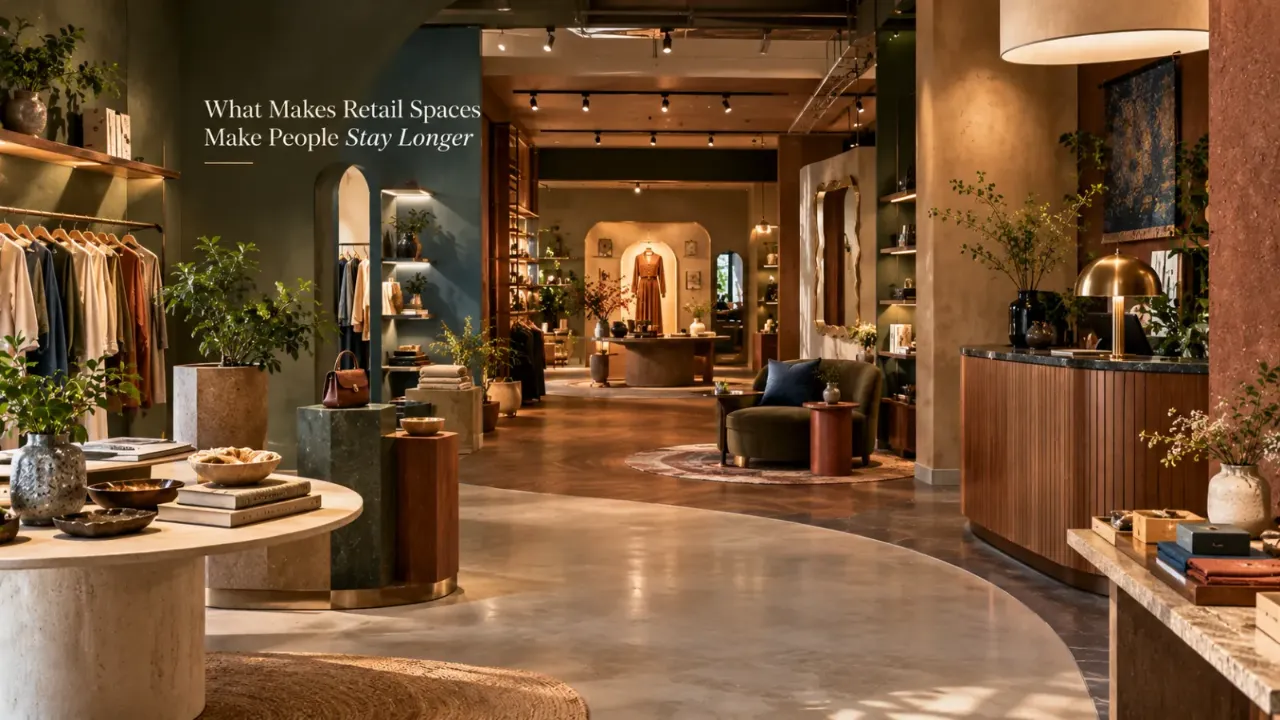 Discover what makes retail spaces make people stay longer, from thoughtful store layouts and comfortable seating to layered lighting, visual merchandising, and inviting circulation paths. Effective retail interior design creates a welcoming environment that encourages browsing, exploration, interaction, and a more relaxed shopping experience. Explore how spatial planning, ambience, materials, and customer-focused design can influence how people experience and move through a retail space.