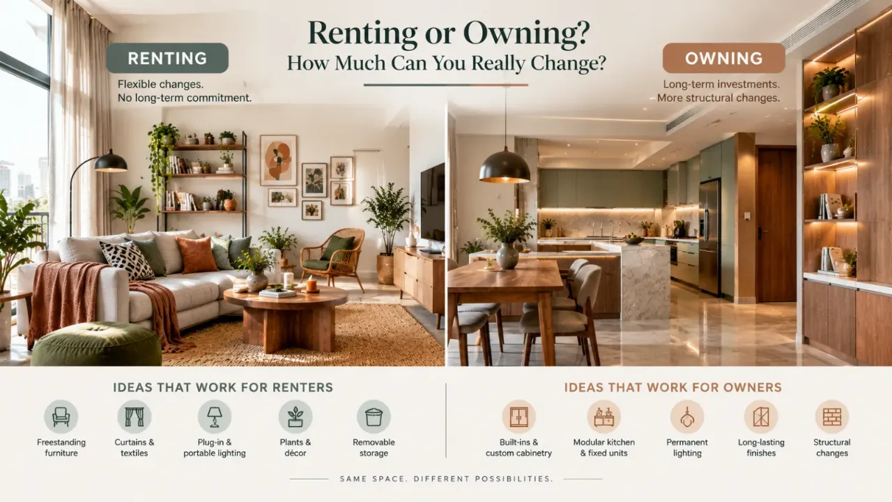 Explore renting vs. owning through interior design, where the freedom to personalise a home depends on how permanent your changes can be. Renter-friendly choices such as freestanding furniture, layered lighting, textiles, décor, and removable upgrades offer flexibility, while homeowners can consider built-ins, structural changes, and long-term finishes. Discover how to make thoughtful interior changes for rented and owned homes without over-investing in the wrong upgrades.