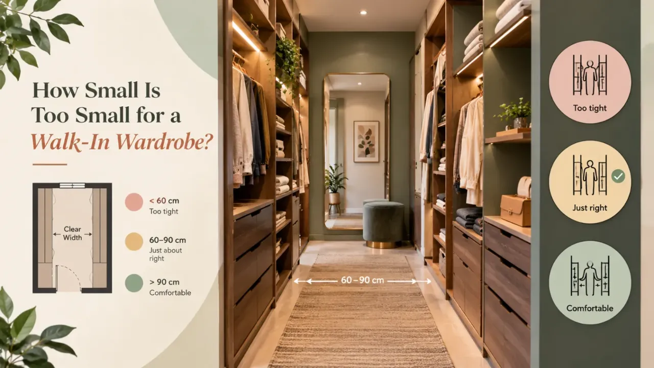 Discover how small is too small for a walk-in wardrobe by understanding the balance between storage, circulation, and everyday comfort. Thoughtful walk-in wardrobe design considers cabinet depth, clear aisle space, hanging zones, drawers, shelving, and movement so a compact dressing area remains practical rather than cramped. Explore smart wardrobe space planning that makes every inch work while keeping the room functional, organised, and visually appealing.
