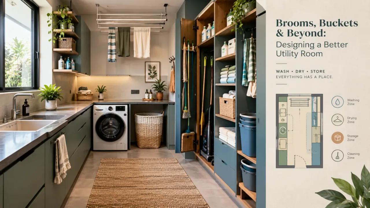 Discover how to create a better utility room by giving everyday essentials like brooms, buckets, cleaning supplies, laundry, and drying space a proper place. Smart utility room design combines dedicated storage, practical work zones, ventilation, easy-to-clean surfaces, and efficient circulation. Explore functional laundry and utility room ideas that keep household chores organised without sacrificing style or space