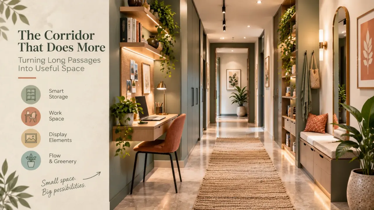 Discover how long corridors can become useful spaces rather than overlooked passageways. Smart corridor design can integrate built-in storage, compact work areas, display shelving, seating, greenery, and layered lighting while maintaining comfortable circulation. Explore practical long hallway ideas that maximise functionality, organisation, and style without making the passage feel crowded