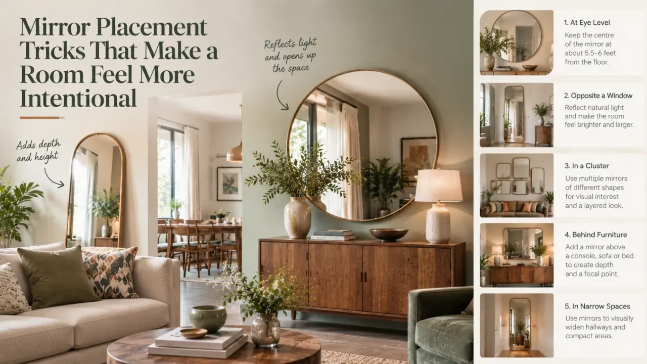 Discover mirror placement tricks that can make a room feel more intentional, balanced, and visually spacious. From positioning mirrors opposite windows to using them above consoles, behind furniture, in clusters, or along narrow passages, thoughtful mirror placement in interior design can enhance light, depth, proportion, and focal points. Explore practical mirror decorating ideas for creating polished and well-composed interiors.