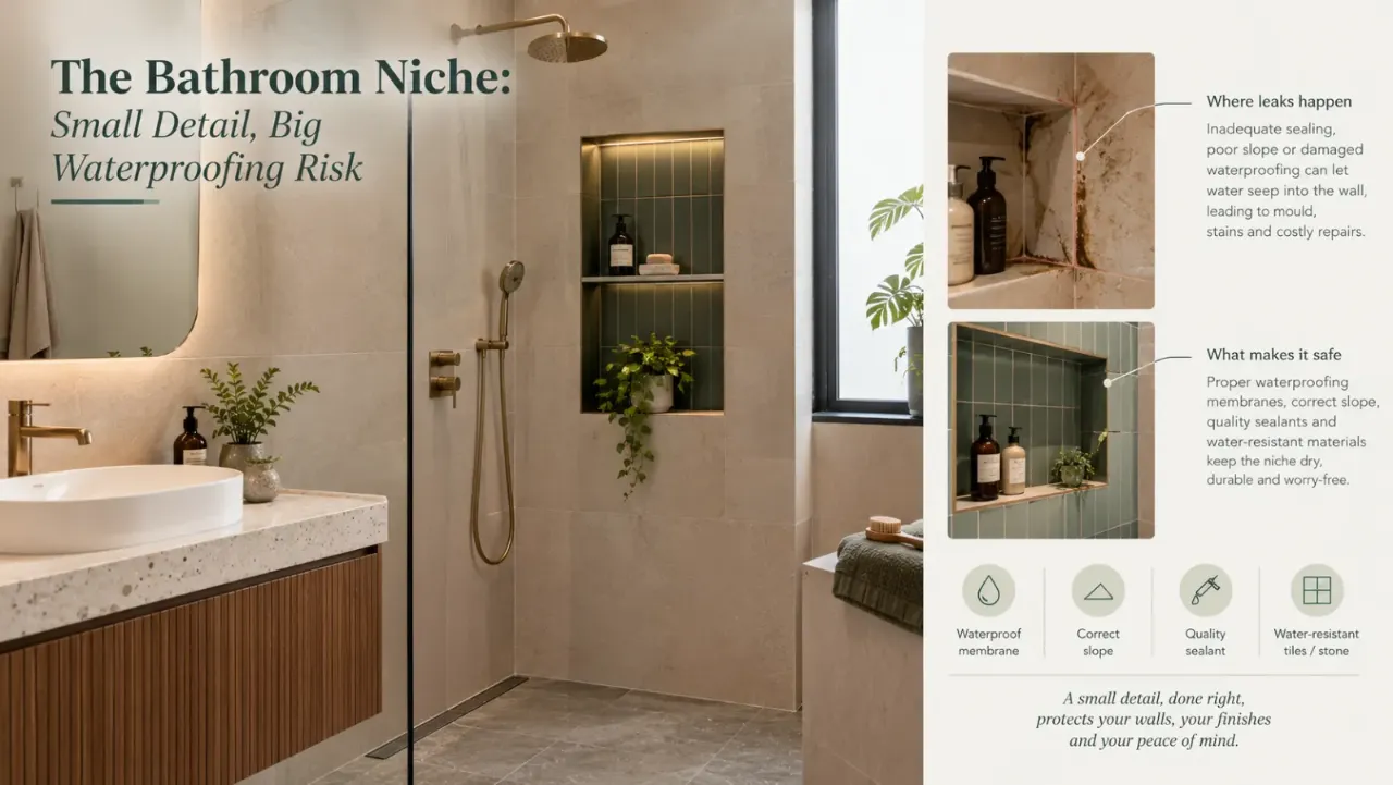 Explore why a bathroom niche can become a major waterproofing risk despite being a small design detail. Proper waterproofing membranes, outward-sloping shelves, sealed corners, quality sealants, and water-resistant tiles help prevent moisture from reaching the wall behind. Discover practical shower niche design and waterproofing strategies that balance built-in storage, aesthetics, durability, and long-term bathroom performance.