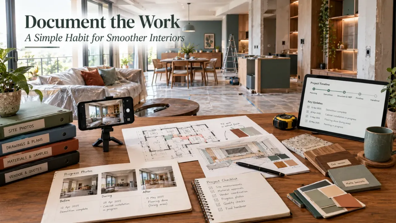 Discover why documenting your interior project can make the entire design and renovation process smoother, clearer, and easier to manage. Keeping organised records of site photos, drawings, measurements, material samples, vendor details, quotations, approvals, and progress updates helps reduce misunderstandings, track decisions, and resolve issues before they become costly. Build a simple interior project documentation system that keeps designers, contractors, vendors, and homeowners aligned from planning through handover.