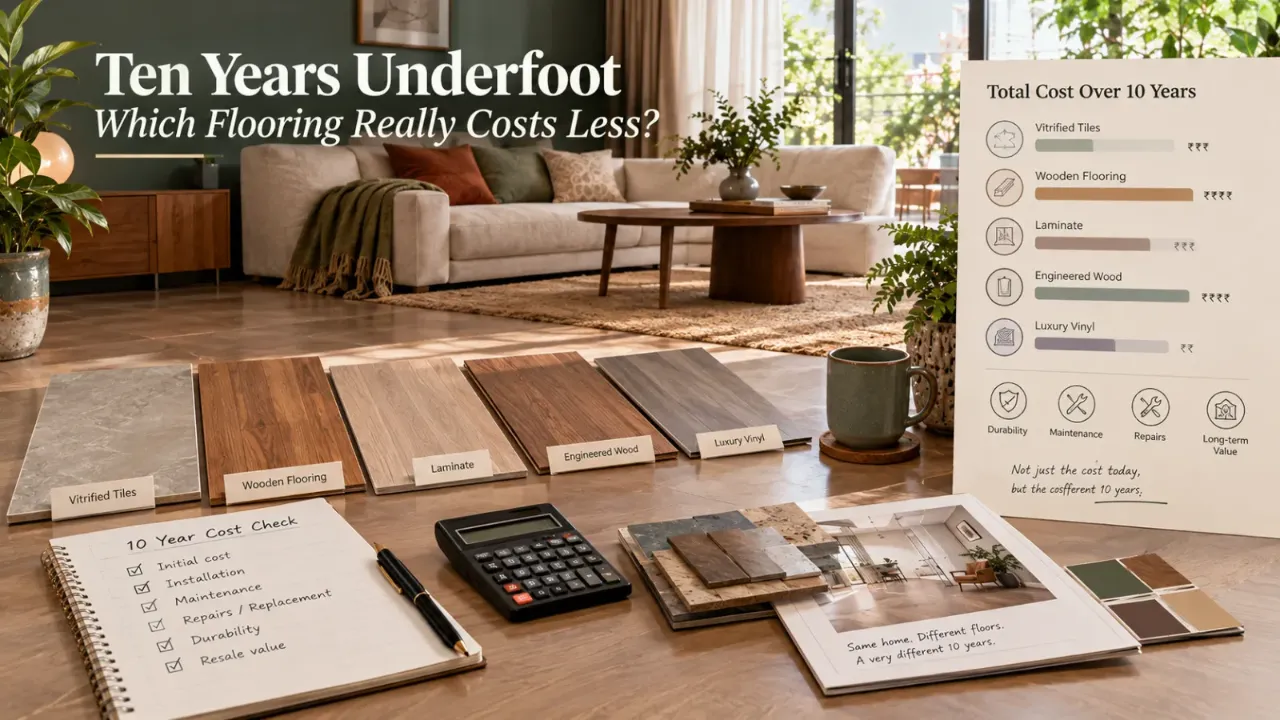Explore which flooring really costs less over ten years by looking beyond the initial purchase price. Comparing vitrified tiles, wooden flooring, laminate, engineered wood, and luxury vinyl through installation, maintenance, repairs, durability, replacement needs, and long-term value reveals the true cost of flooring. Discover practical flooring choices for Indian homes that balance upfront budget, everyday performance, maintenance, and longevity.