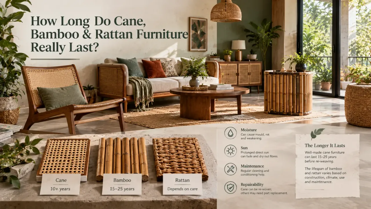Explore how long cane, bamboo, and rattan furniture really lasts, and what determines its durability beyond the material itself. Factors such as construction quality, moisture, sunlight, everyday use, maintenance, and repairability can significantly affect furniture lifespan. Discover practical cane, bamboo, and rattan furniture care tips to choose pieces that remain functional, attractive, and durable for years.