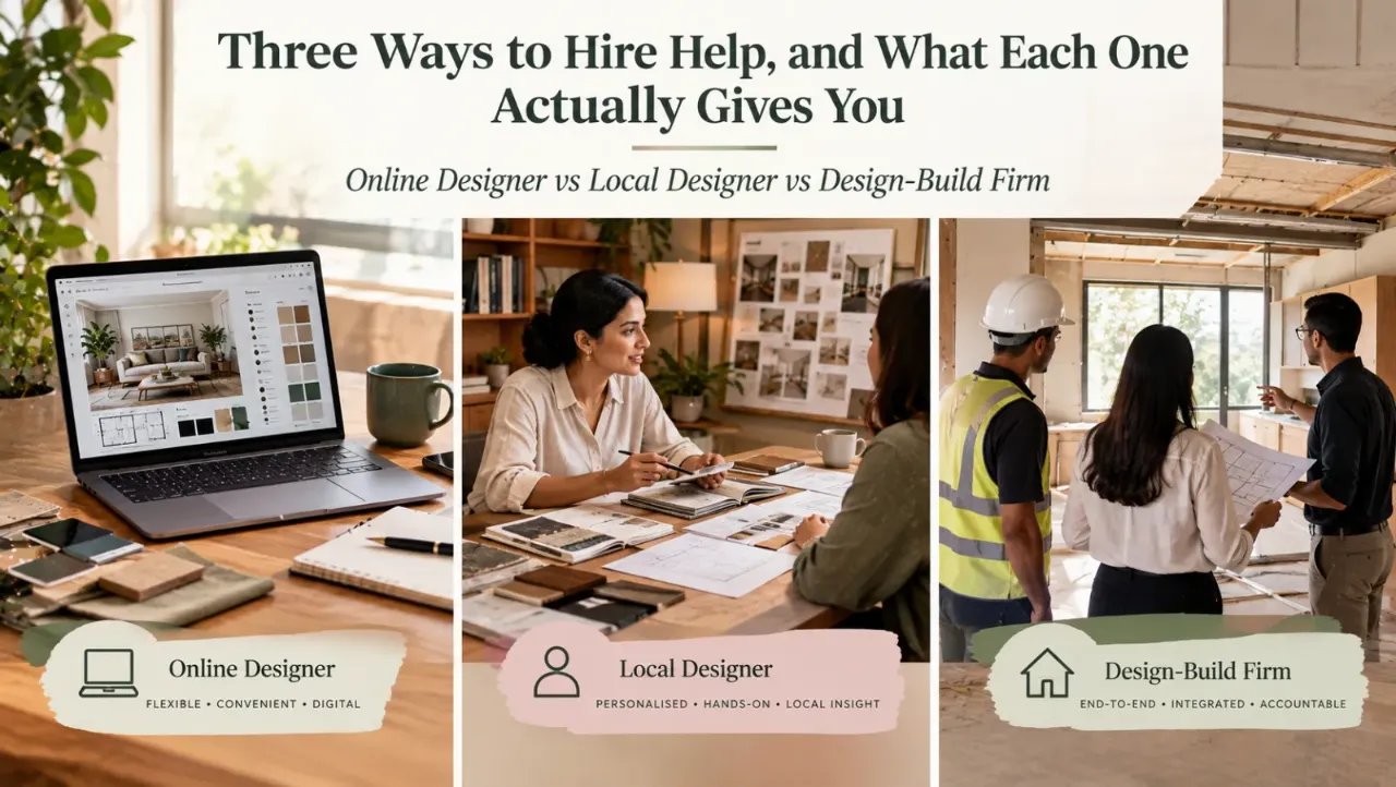 Compare the three main ways to hire interior design help: an online designer, local designer, or design-build firm, and understand what each option actually provides. From digital convenience and flexible guidance to hands-on local expertise and end-to-end project execution, each approach offers a different balance of personalisation, site involvement, coordination, accountability, and cost. Discover which interior design service model best fits your project, priorities, and level of involvement.
