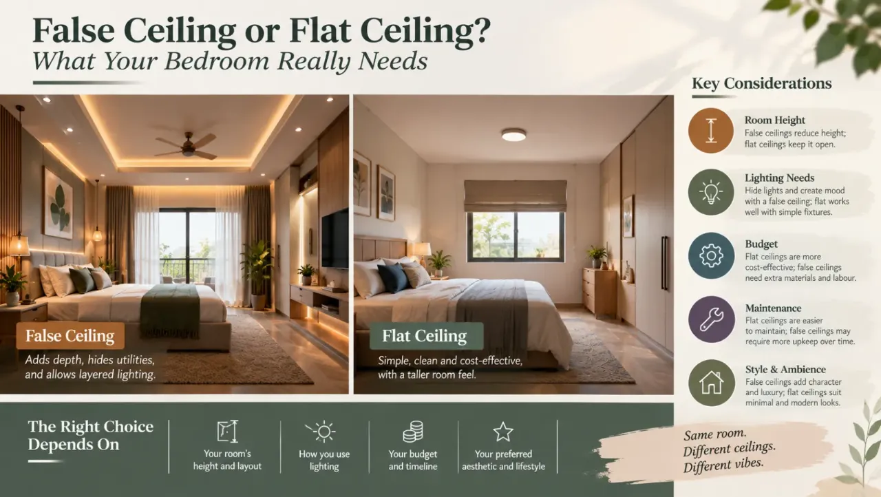 Compare false ceilings and flat ceilings for bedrooms to understand how each option affects room height, lighting, aesthetics, and overall cost. While a false ceiling design adds depth, concealed lighting, and a layered ambience, a flat ceiling preserves vertical space, offers a clean modern look, and is generally easier to maintain. Explore practical bedroom ceiling design ideas to choose the right balance of style, functionality, budget, and comfort for your home.