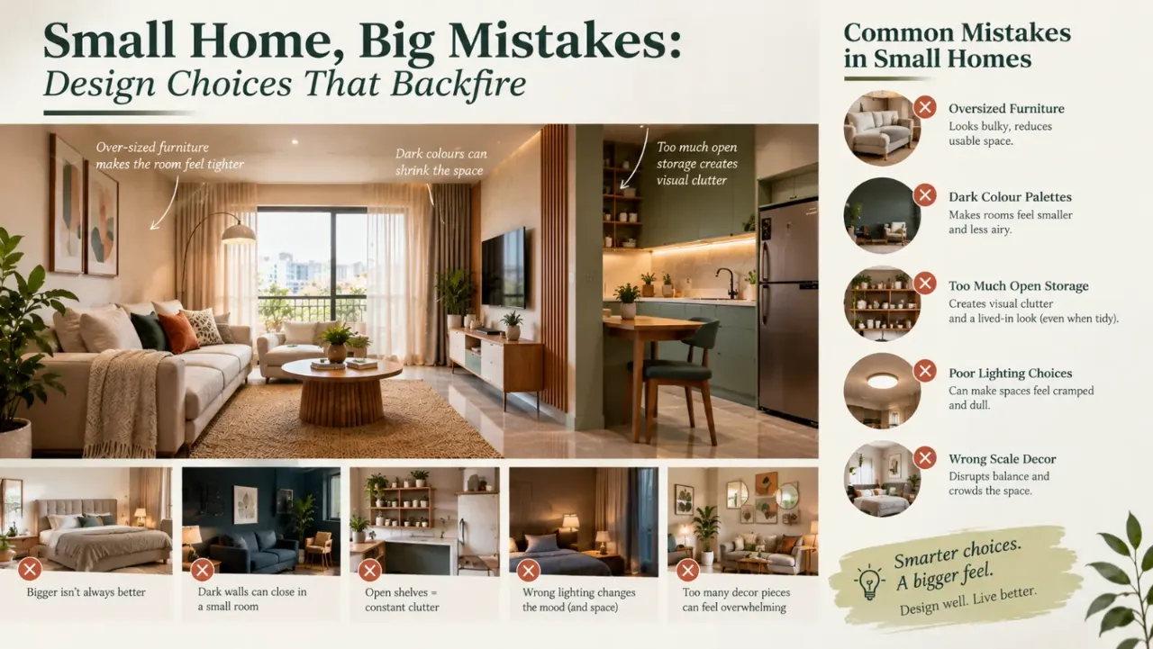 Discover the most common small home interior design mistakes that can make compact spaces feel cramped, cluttered, or poorly organised. From oversized furniture and dark colour palettes to excessive open shelving, inadequate lighting, and mismatched décor, seemingly minor choices can affect both functionality and visual balance. Explore practical small home design ideas that maximise usable space, improve storage, and create a brighter, more comfortable home without sacrificing style.