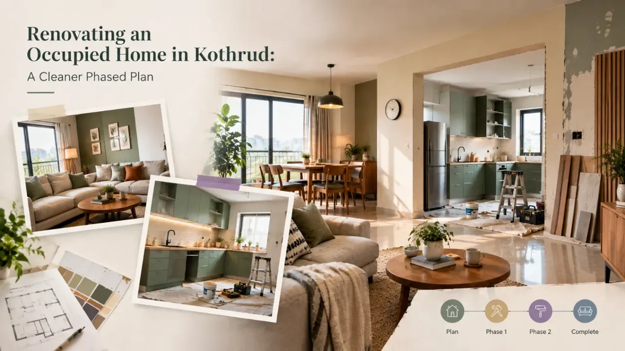 Explore phased home renovation in Kothrud, Pune, with practical strategies for upgrading an occupied home while keeping everyday life as manageable as possible. From room-by-room renovation planning and kitchen upgrades to protected living areas, material selection, and a clear project timeline, thoughtful sequencing helps reduce disruption, control costs, and coordinate work more efficiently. Discover how a phased renovation plan for an occupied home can balance comfort, functionality, and a smoother renovation experience.
