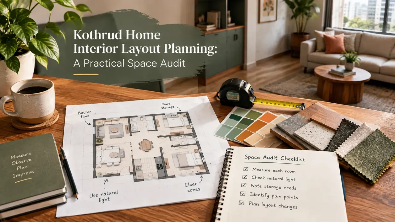Explore Kothrud home interior layout planning with a practical space audit designed to improve room flow, storage, natural lighting, and everyday functionality. From measuring rooms and reviewing furniture placement to identifying underused corners, circulation issues, and layout constraints, a structured assessment helps reveal opportunities before renovation or interior design work begins. Discover how a home space audit can support smarter design decisions and create a more comfortable, efficient, and well-planned home.