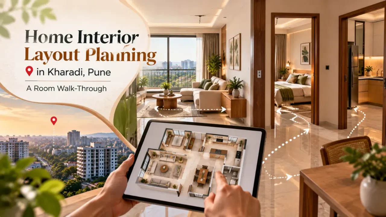 Explore home interior layout planning in Kharadi, Pune, with a room-by-room walkthrough of living areas, bedrooms, kitchens, and circulation spaces. Discover how thoughtful space planning, furniture placement, and functional layouts can create a comfortable, cohesive, and well-organised home.