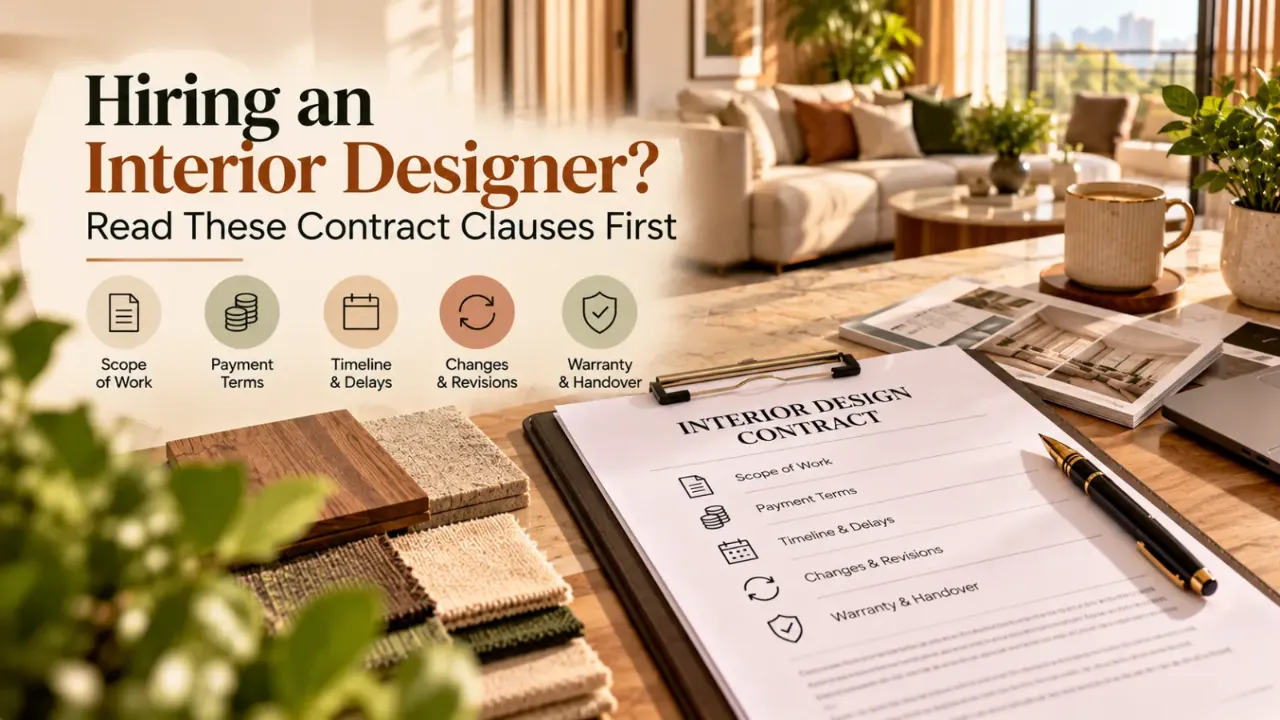 Hiring an interior designer? Understand the essential contract clauses to review before signing, including scope of work, payment terms, project timelines, revisions, warranties, and handover responsibilities. Use this practical guide to clarify expectations, avoid misunderstandings, and protect your interests throughout your home interior project.