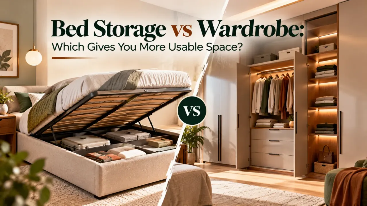 Compare bed storage and wardrobes to discover which solution offers more usable space for your bedroom. Explore storage capacity, accessibility, room layout, and organisation tips to choose between hydraulic storage beds, built-in wardrobes, and other space-saving furniture for Indian homes.