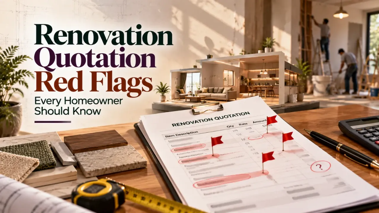 Learn how to identify renovation quotation red flags before hiring an interior designer or contractor. Discover common warning signs such as vague cost breakdowns, unclear material specifications, hidden charges, unrealistic timelines, and risky payment terms to protect your renovation budget and make informed decisions for your home.