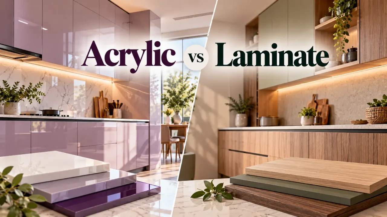Compare acrylic and laminate finishes for modular kitchens and home interiors by exploring their appearance, durability, maintenance, scratch resistance, and cost. Discover the differences between glossy acrylic surfaces and versatile laminate finishes to choose the right material for your cabinets, wardrobes, and modern home design.