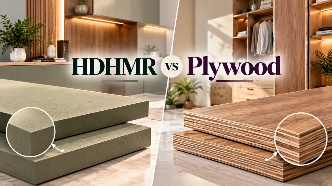 Compare HDHMR and plywood for interior furniture, wardrobes, kitchen cabinets, and other home applications. Understand the differences in moisture resistance, strength, durability, surface finish, and cost to choose the right material for your interior project and budget.