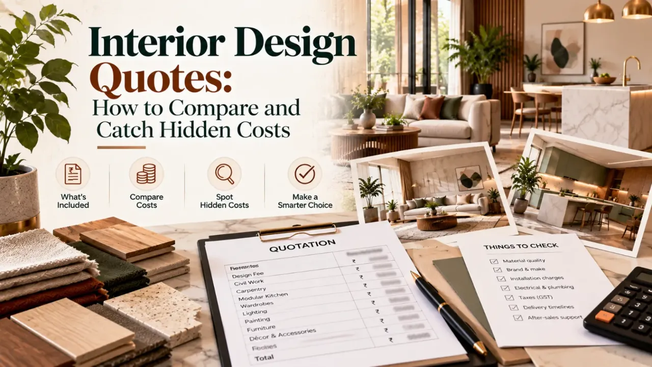 Learn how to compare interior design quotes in India by evaluating material quality, labour charges, installation fees, taxes, and service inclusions. Discover how to identify hidden costs, assess competing estimates, and ask the right questions before finalising your interior designer to avoid budget surprises.