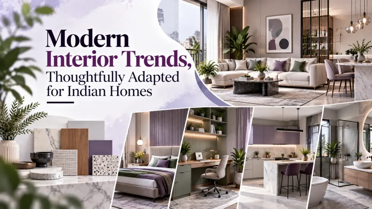 Explore modern interior design trends adapted for Indian homes, combining contemporary layouts, cool colour palettes, natural materials, and functional furniture. Discover ideas for living rooms, bedrooms, modular kitchens, and home offices that balance modern aesthetics with Indian lifestyles, space requirements, and everyday practicality.