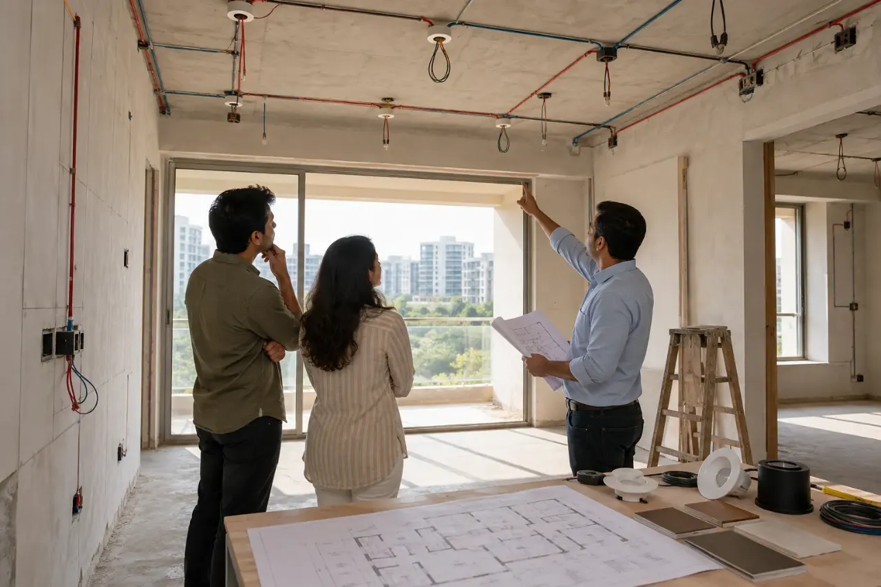 Illustrating Lighting and electrical planning for a Magarpatta home before the false ceiling and furniture are finalised. Focus on the specific room, material or planning decision, with realistic proportions and natural light.