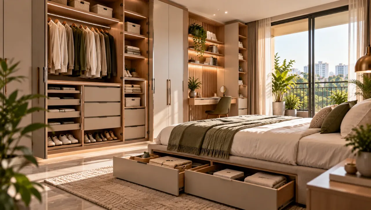 Discover practical storage planning for Model Colony homes through a naturally lit modern bedroom featuring built-in wardrobes, open shelving, organised drawers, and under-bed storage. The design balances oak finishes, neutral cabinetry, and everyday functionality to reduce clutter while preserving floor space and keeping the room open and comfortable.