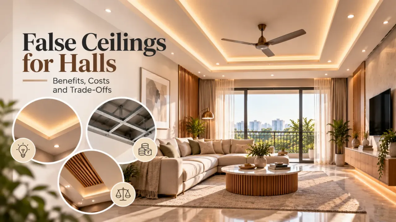 Explore false ceiling designs for halls, from simple gypsum layouts to layered ceilings with recessed spotlights and cove lighting. Compare their visual appeal, installation costs, maintenance needs, and trade-offs to choose a ceiling that enhances your living room without compromising space, comfort, or budget.