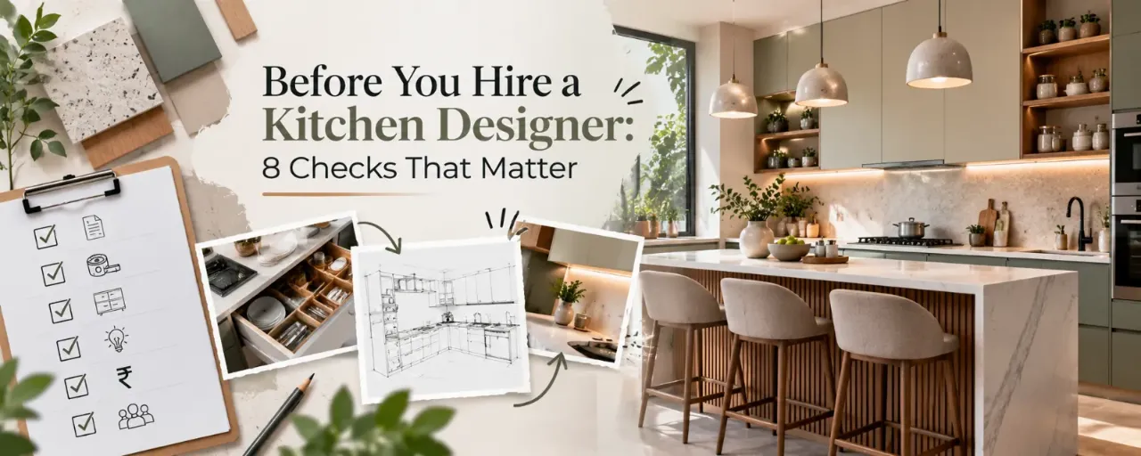 Explore the eight essential checks to make before hiring a kitchen designer, from layout planning and storage solutions to materials, budgets, and project execution. This modern kitchen design banner features elegant sage-green cabinetry, marble surfaces, a functional island, material samples, kitchen sketches, and checklist elements in a clean, contemporary palette.