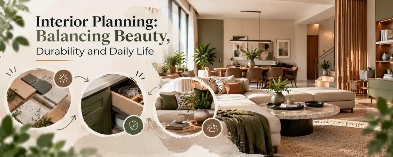 Discover how thoughtful interior planning can balance visual appeal, long-lasting materials, and the practical demands of everyday living. This contemporary home interior features neutral upholstery, olive-green accents, natural wood, durable stone surfaces, smart storage, and curated material samples to illustrate how beautiful design can remain functional and comfortable.