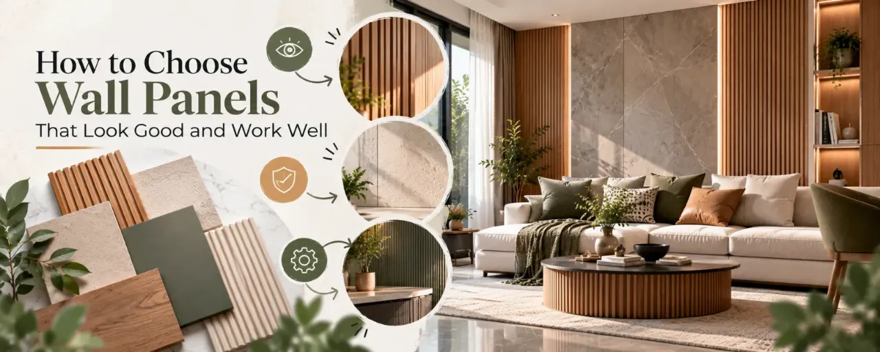 Explore how to choose wall panels that complement your interiors while offering durability, easy maintenance, and practical performance. This contemporary living room showcases fluted wooden panels, textured stone finishes, neutral upholstery, and elegant material samples to inspire stylish, functional wall designs for modern homes.