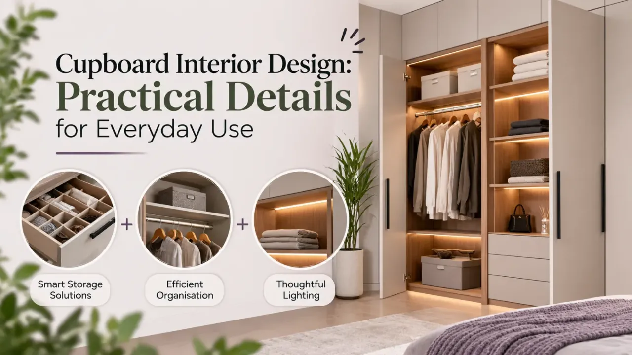 Explore practical cupboard interior design ideas that maximise storage, improve organisation, and make everyday routines easier. This modern wardrobe design features dedicated hanging sections, organised drawers, adjustable shelves, soft integrated lighting, and neutral finishes to inspire a stylish, functional, and clutter-free bedroom.