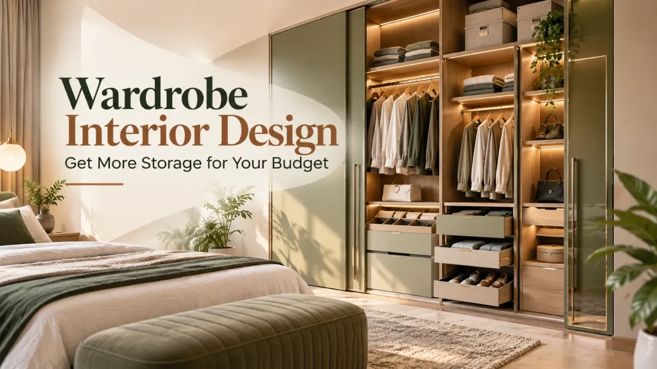 A modern bedroom with a spacious, organised wardrobe featuring warm wood, sage-green panels, built-in drawers, shelves, and soft lighting for stylish, budget-friendly storage.