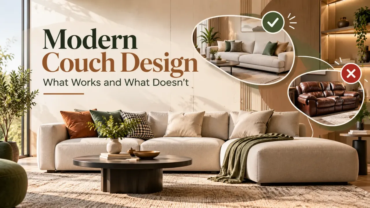 A modern beige sectional sofa styled with earthy cushions, olive accents, and a textured rug, showcasing effective couch design choices alongside a contrasting example of bulky furniture.