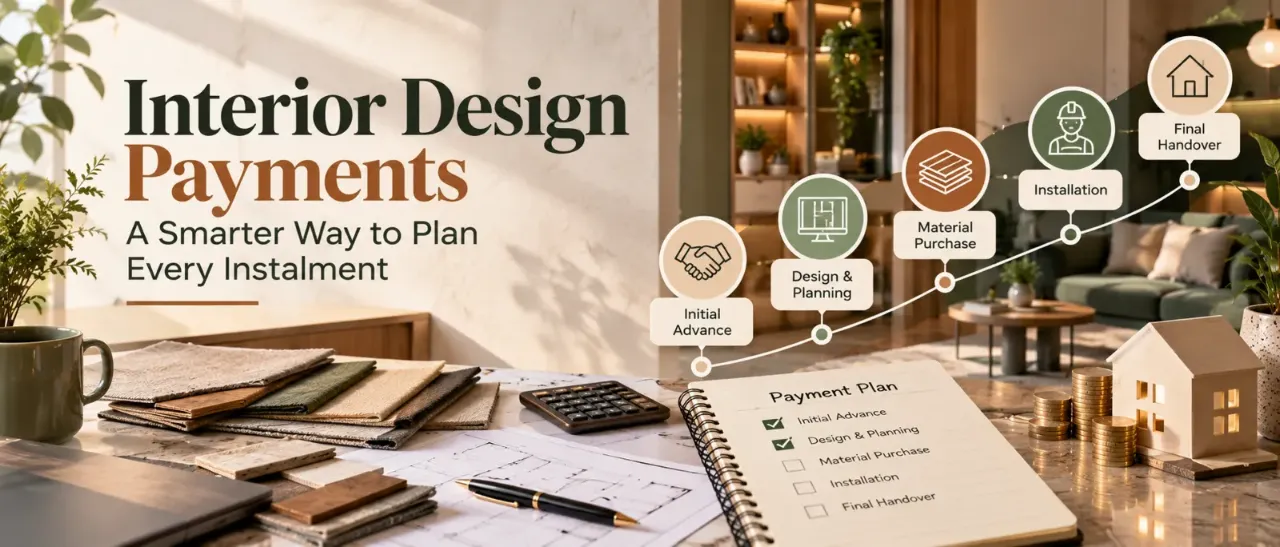 A modern interior design workspace featuring material samples, floor plans, a payment checklist, and a milestone timeline illustrating each stage from initial advance to final handover, set against a warm, contemporary living room.