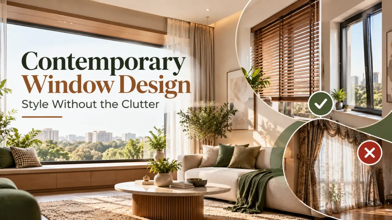 A sunlit contemporary living room featuring sleek windows, wooden blinds, and minimal curtains, with earthy tones, greenery, and a clutter-free aesthetic.