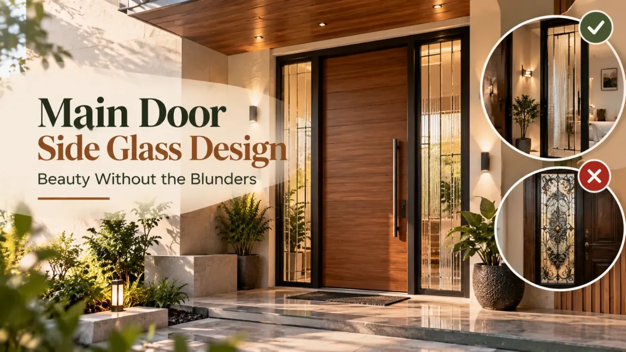 A modern wooden main door with elegant glass sidelights, warm lighting, stone finishes, and greenery, showcasing stylish glass designs alongside a contrasting ornate option.