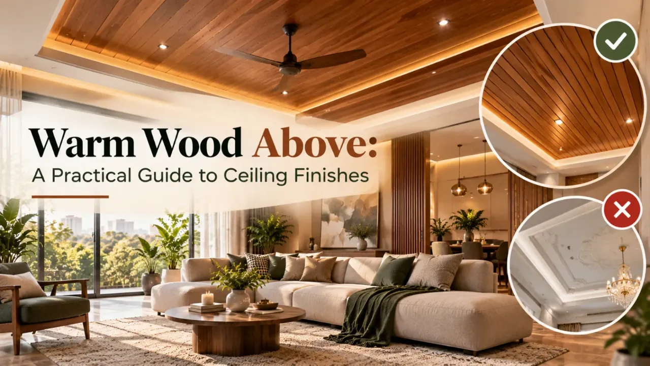 A modern living room featuring a warm wood-panelled ceiling with recessed lighting, natural textures, and earthy furnishings, comparing sleek wooden ceiling finishes with ornate traditional designs.