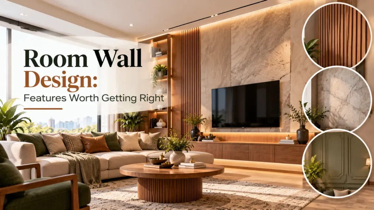 A modern living room featuring a stylish TV accent wall with warm wood panelling, textured stone finishes, and subtle LED lighting, complemented by earthy furnishings and elegant decorative details.