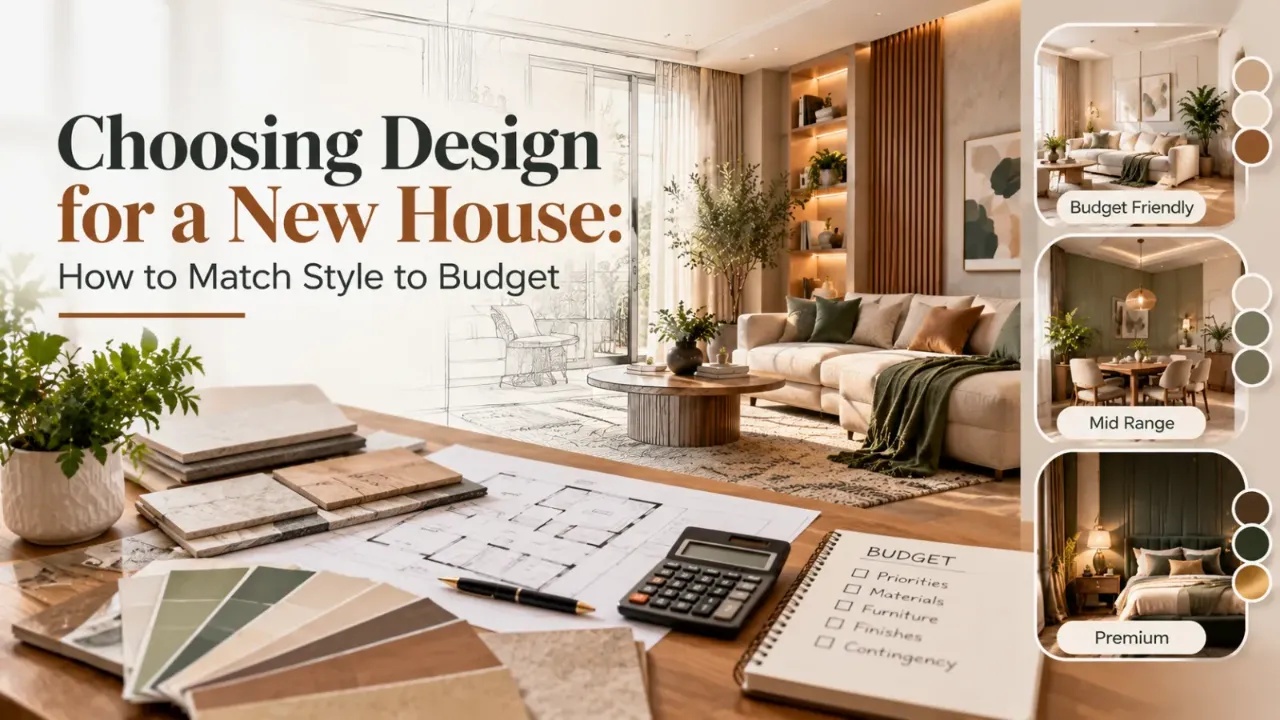 A modern interior design workspace with floor plans, material samples, and budget checklists, transitioning into a stylish living room with earthy tones and natural finishes. Three interior styles illustrate budget-friendly, mid-range, and premium design options.