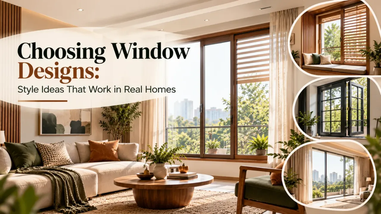 A bright, modern living room featuring stylish window designs, including wooden frames, black grid-pane windows, and large sliding glass panels, complemented by natural light, greenery, and warm earthy interiors.