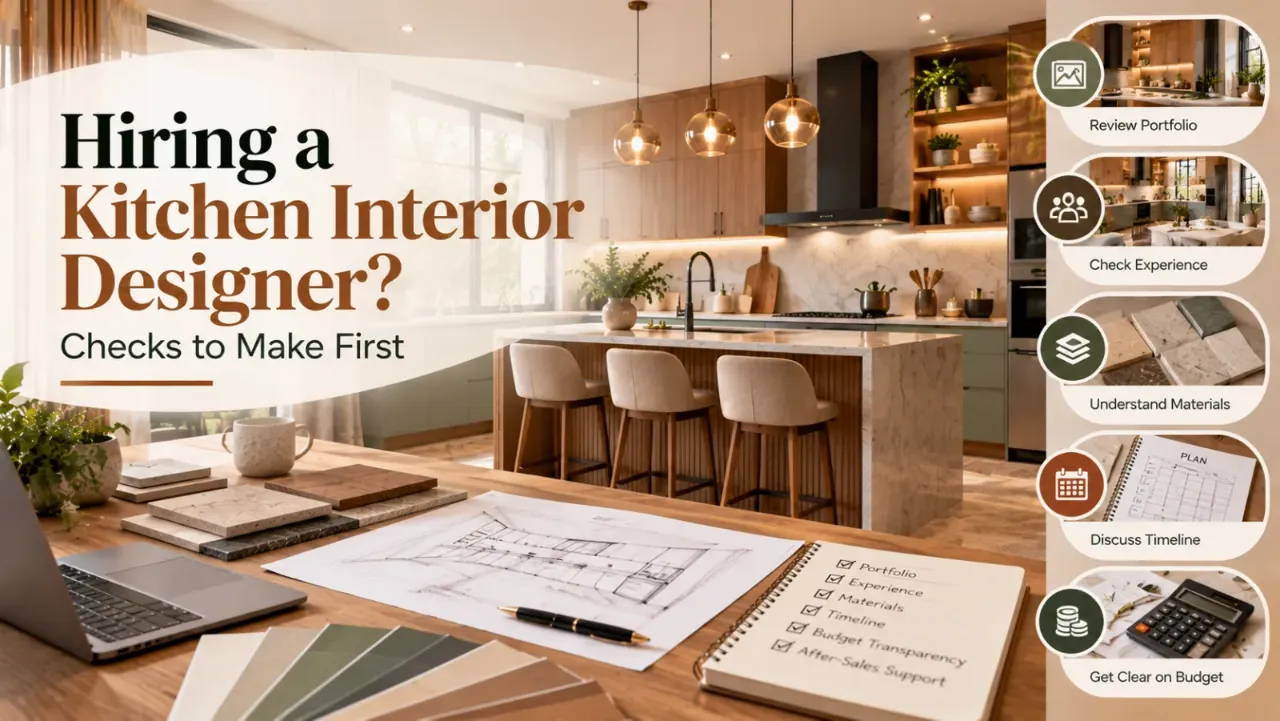 A modern sage-green kitchen with warm wood cabinetry, stone countertops, and elegant pendant lighting, paired with a checklist covering portfolio, experience, materials, timeline, and budget before hiring a kitchen interior designer.