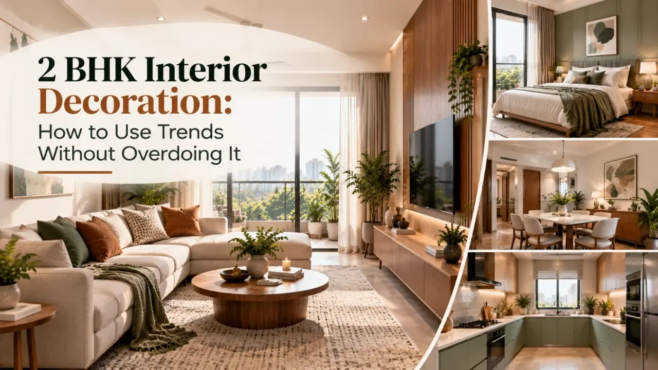 A modern 2 BHK apartment featuring a stylish living room, serene bedroom, elegant dining area, and compact sage-green kitchen, blending contemporary trends with warm wood, neutral tones, and minimal décor.