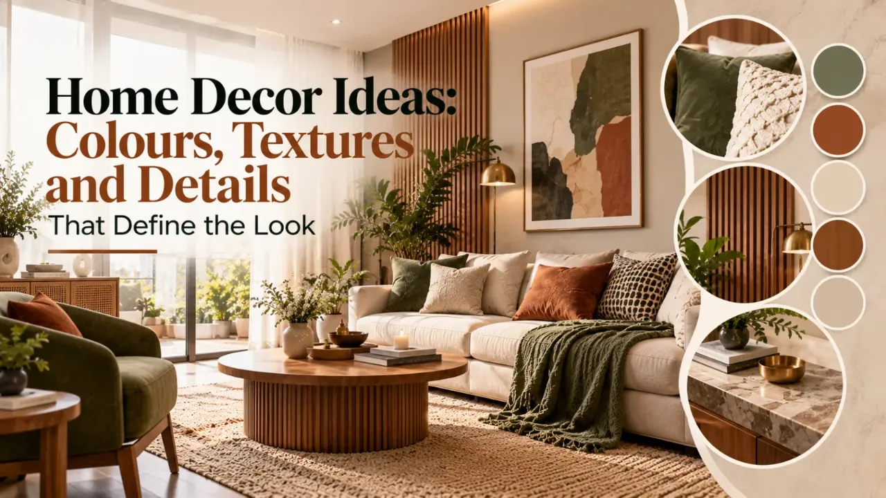 A stylish modern living room featuring a beige sofa, olive-green and terracotta cushions, natural wood accents, textured fabrics, and warm lighting, highlighting how colours, textures, and decorative details create a cohesive home interior.