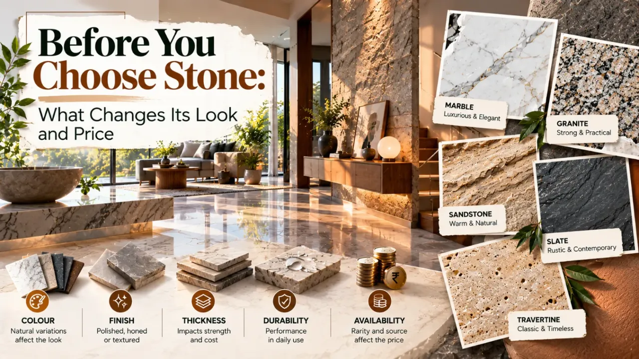 image description A striking modern interior featuring dramatic stone walls, polished marble flooring, and bold natural textures, with visual samples of marble, granite, sandstone, slate, and travertine, highlighting how colour, finish, thickness, durability, and availability influence stone selection and cost.