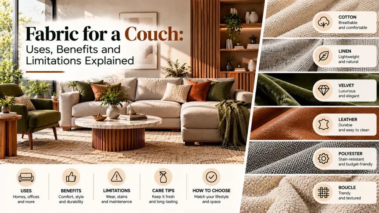 A contemporary living room featuring a plush neutral sofa and rich textured upholstery, with fabric samples of cotton, linen, velvet, leather, polyester, and boucle, highlighting their uses, benefits, limitations, maintenance needs, and suitability for different lifestyles.