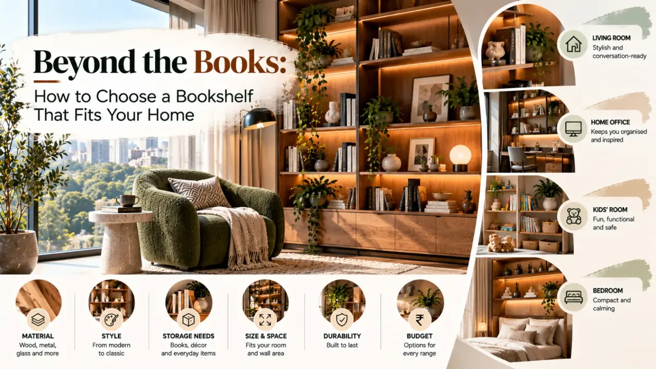 A cozy modern reading nook featuring a curved green armchair, warm wooden bookshelves, integrated lighting, and lush greenery, with bookshelf ideas for living rooms, home offices, kids’ rooms, and bedrooms, highlighting material, style, storage, size, durability, and budget.
