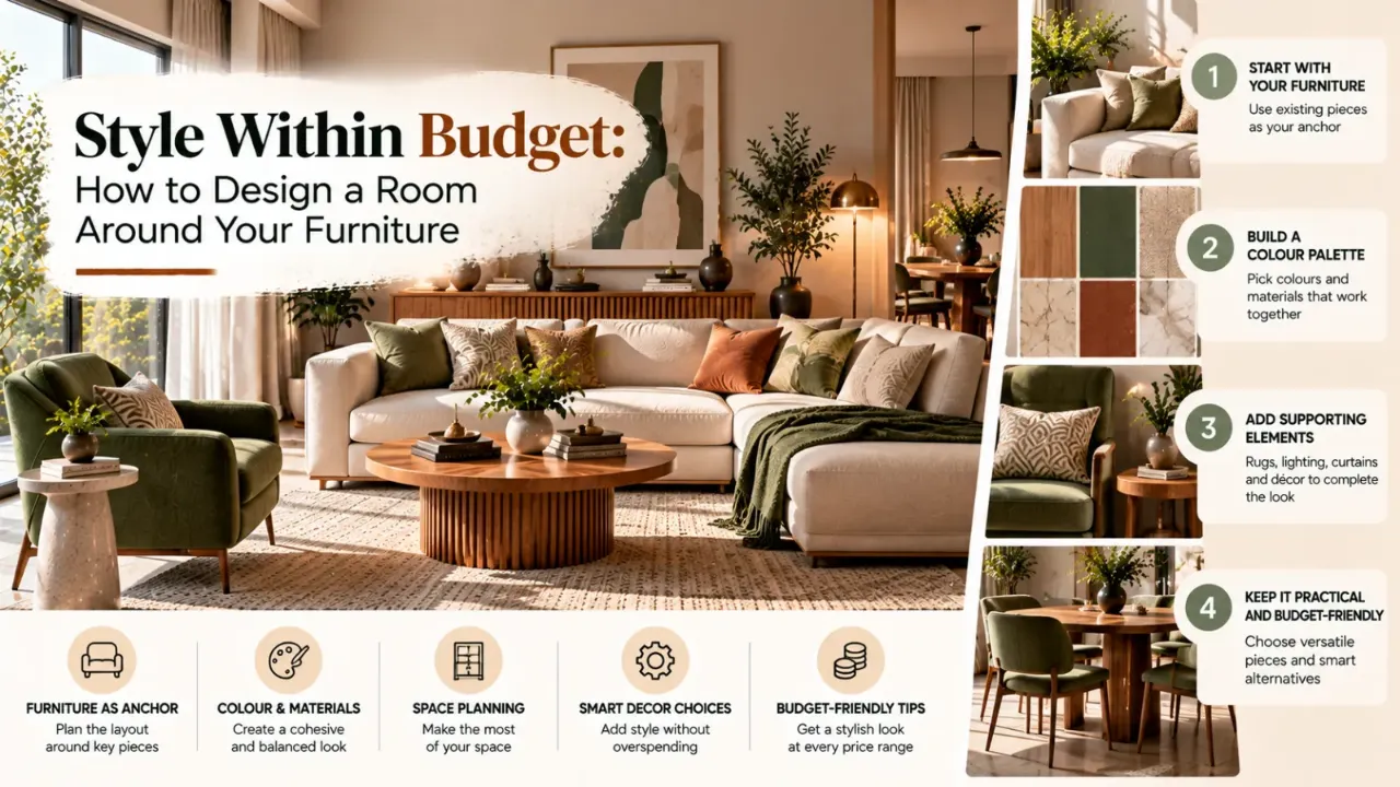 A stylish modern living room featuring a cream sectional, olive-green accent chairs, warm wooden furniture, and terracotta accents, illustrating budget-friendly ways to coordinate colours, plan layouts, and use rugs, lighting, and décor to create a cohesive interior around existing furniture.