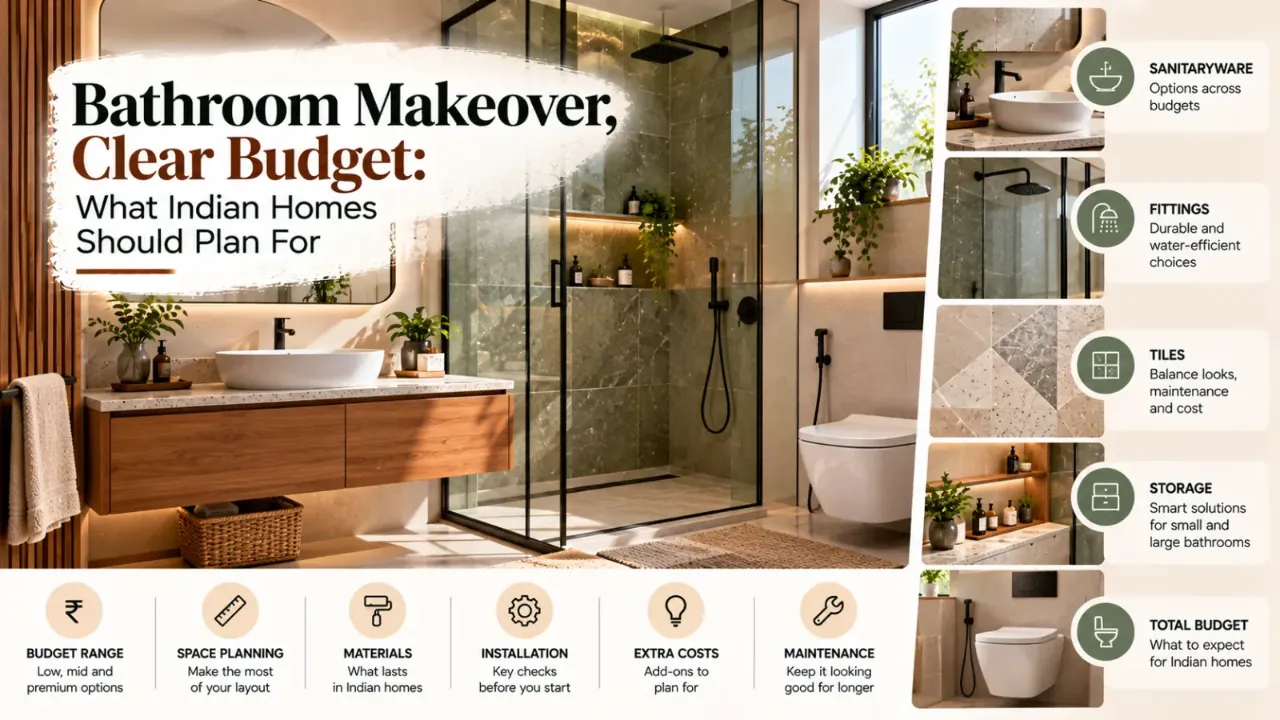 A modern Indian bathroom featuring a wooden vanity, stone-textured tiles, a glass shower enclosure, and sleek black fixtures, with visual guides to sanitaryware, fittings, storage, installation costs, and budget planning for a practical, stylish bathroom makeover.